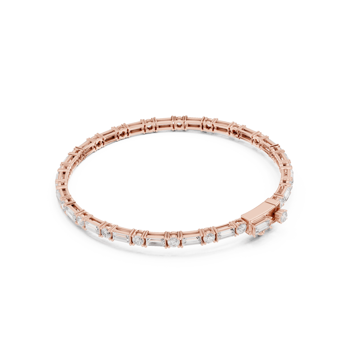 Baguette and round diamond tennis bracelet featuring alternating brilliant-cut stones with a secure box clasp by Aortas Jewels.