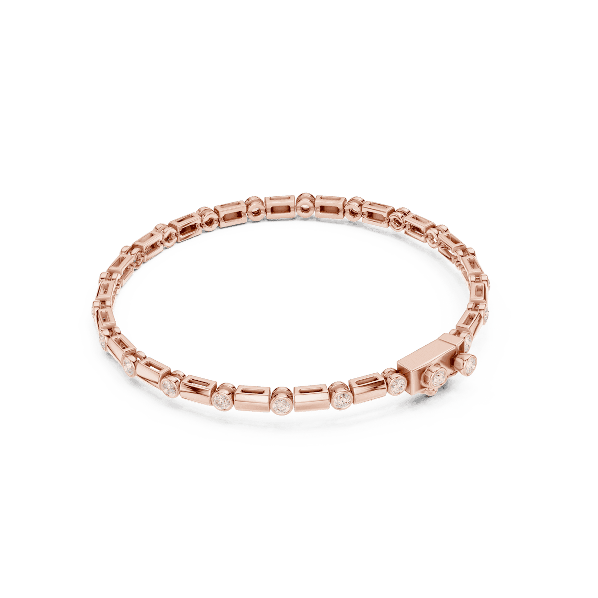 Bezel and baguette diamond tennis bracelet featuring alternating round bezel-set stones and polished baguette links by Aortas Jewels.