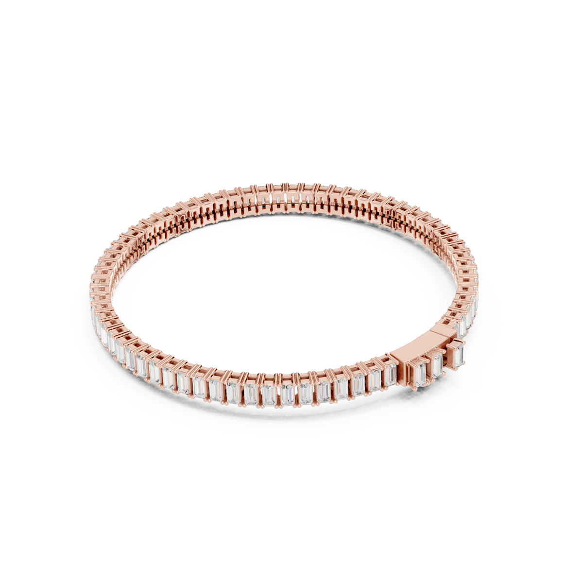 Emerald-cut diamond tennis bracelet featuring a continuous row of sparkling rectangular stones with a secure box clasp by Aortas Jewels.