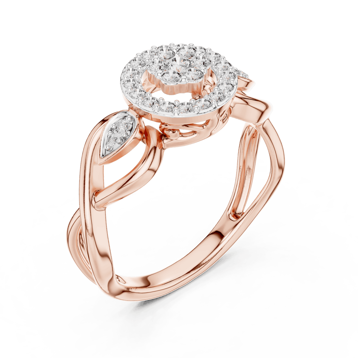 Floral halo diamond twist ring featuring a sparkling flower-inspired cluster center, halo setting, and elegant split-shank band by Aortas Jewels.