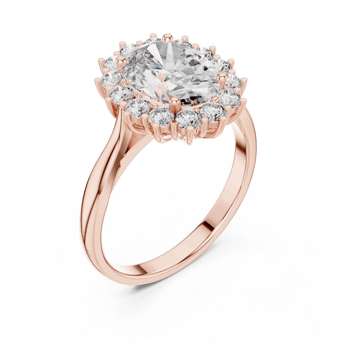 Floral halo solitaire diamond engagement ring featuring a brilliant round-cut center stone surrounded by a sparkling halo in an elegant cathedral-style setting by Aortas Jewels.