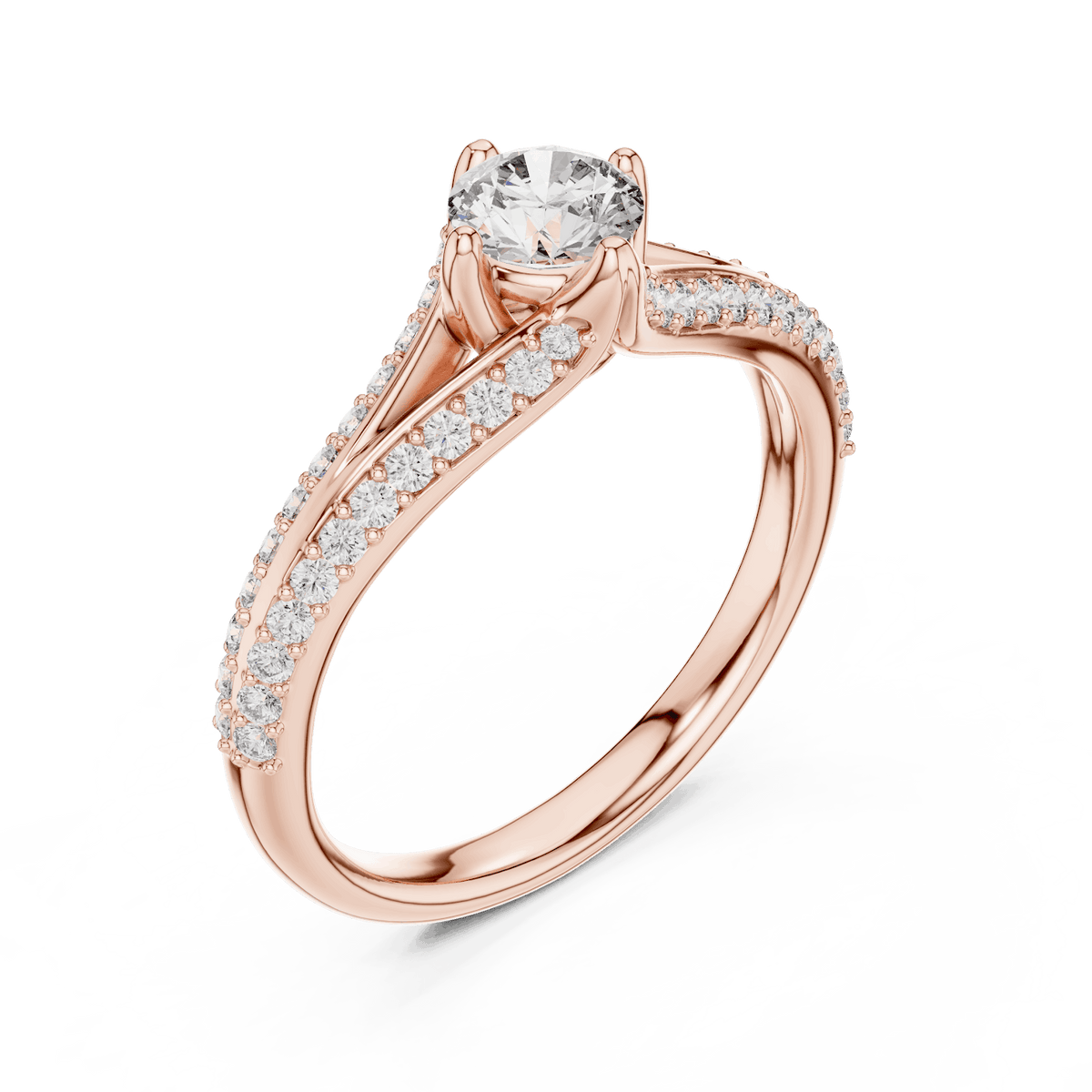 Twisted pavé solitaire diamond ring featuring a round-cut center stone, elegant crossover band, and sparkling pavé-set diamonds by Aortas Jewels.