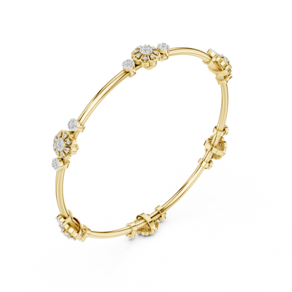 Floral charm crystal bangle bracelet featuring sparkling flower charms, decorative spacer beads, and a polished silver-tone finish by Aortas Jewels.
