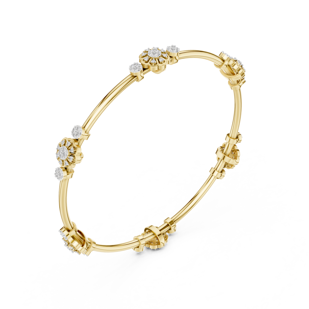 Floral charm crystal bangle bracelet featuring sparkling flower charms, decorative spacer beads, and a polished silver-tone finish by Aortas Jewels.