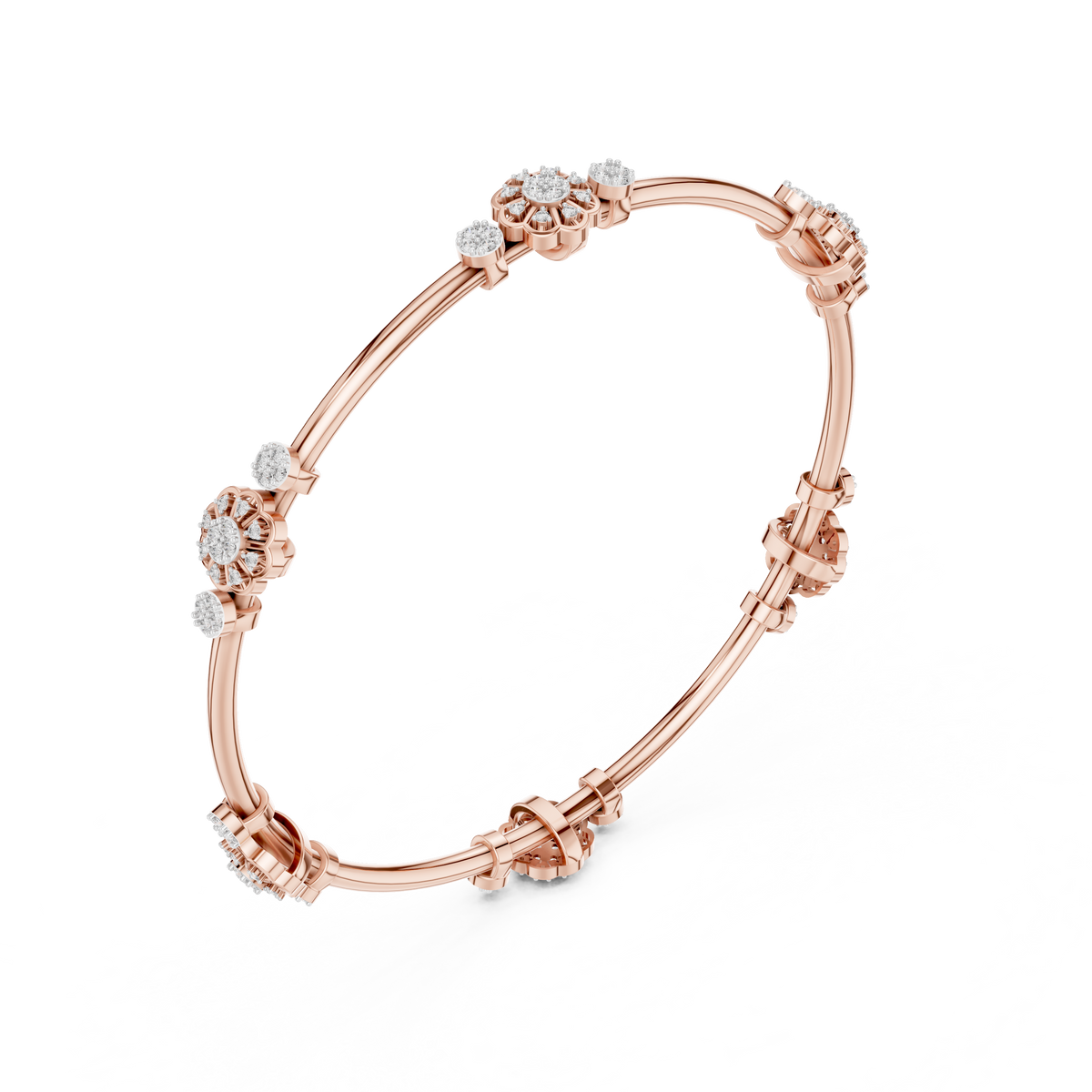 Floral charm crystal bangle bracelet featuring sparkling flower charms, decorative spacer beads, and a polished silver-tone finish by Aortas Jewels.