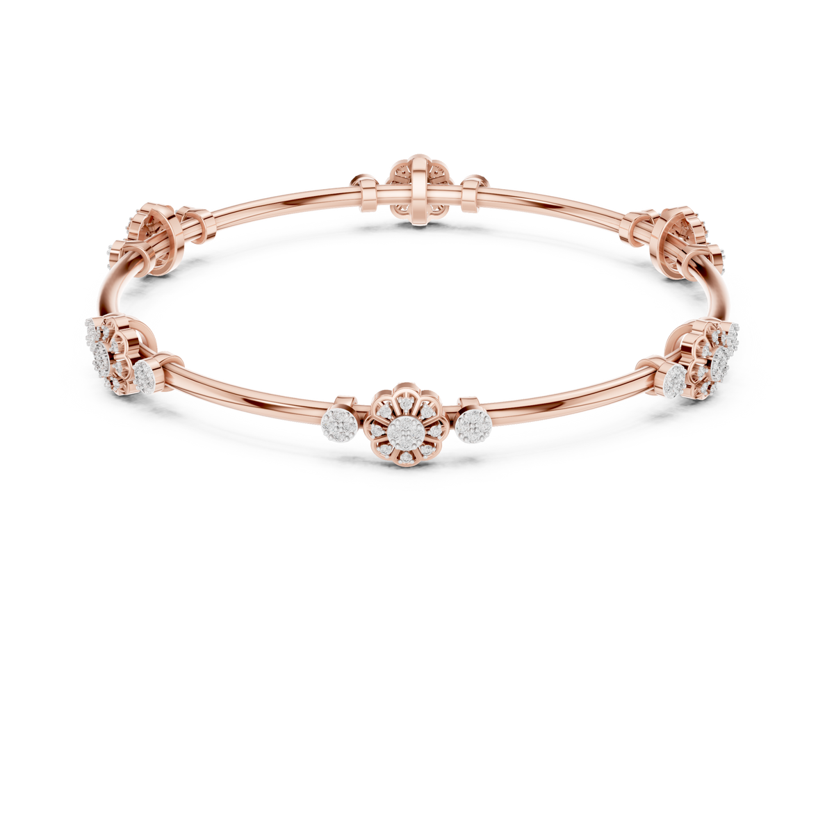 Floral charm crystal bangle bracelet featuring sparkling flower charms, decorative spacer beads, and a polished silver-tone finish by Aortas Jewels.