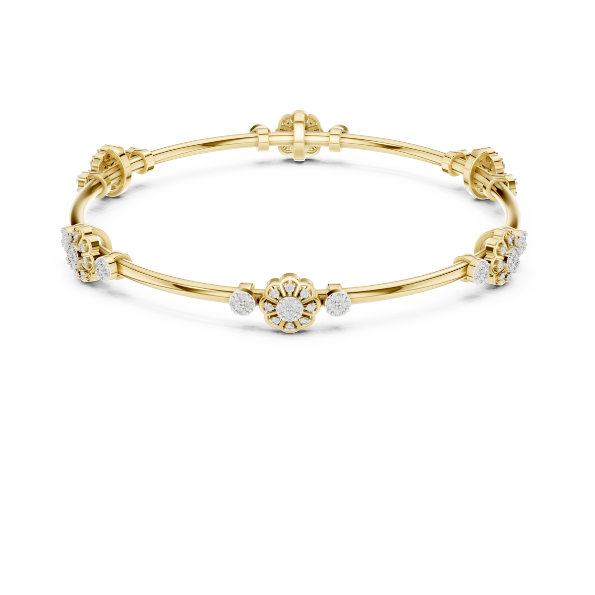 Floral charm crystal bangle bracelet featuring sparkling flower charms, decorative spacer beads, and a polished silver-tone finish by Aortas Jewels.