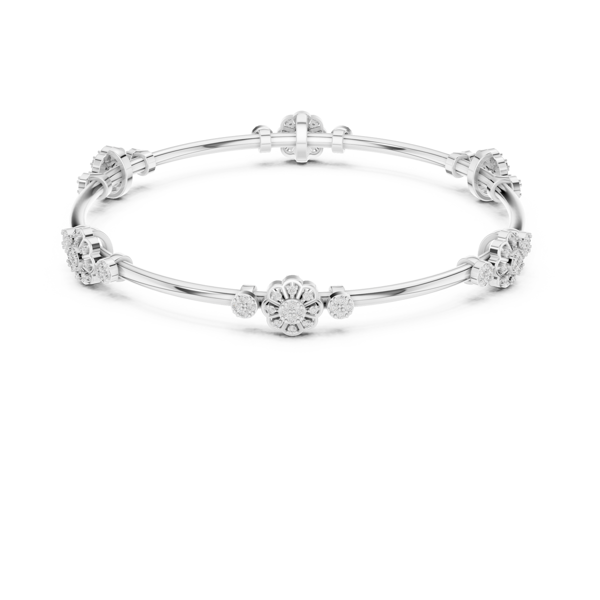Floral charm crystal bangle bracelet featuring sparkling flower charms, decorative spacer beads, and a polished silver-tone finish by Aortas Jewels.