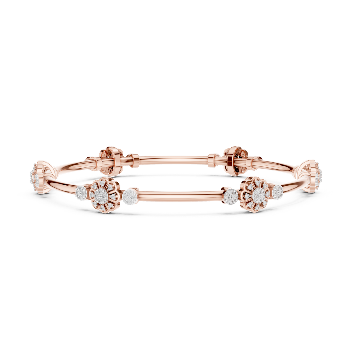 Floral charm crystal bangle bracelet featuring sparkling flower charms, decorative spacer beads, and a polished silver-tone finish by Aortas Jewels.