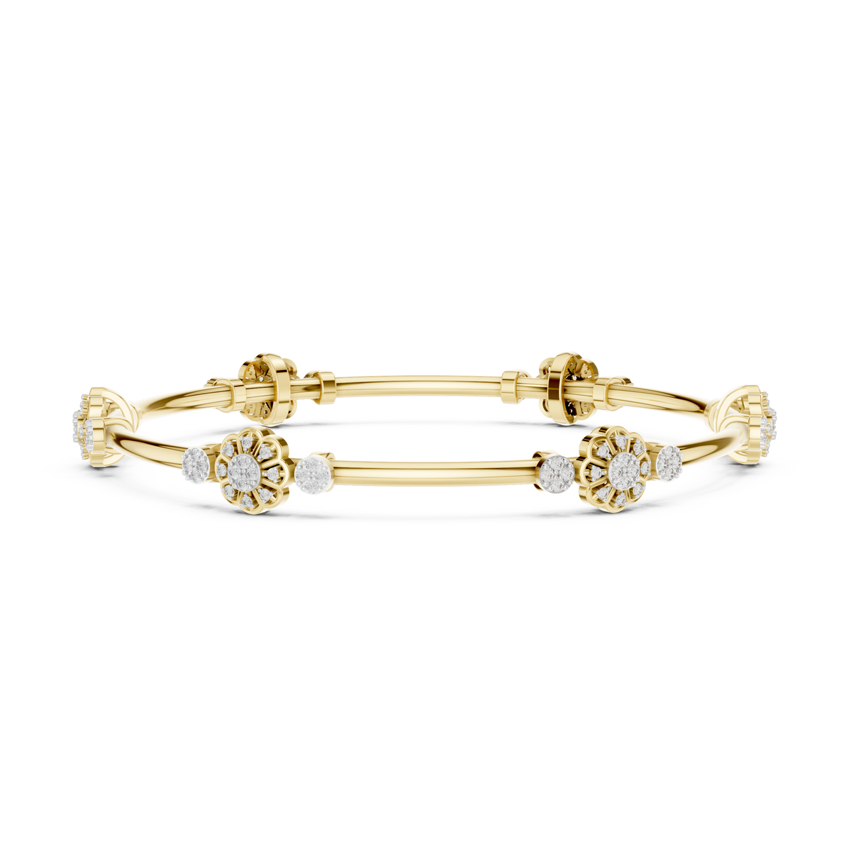 Floral charm crystal bangle bracelet featuring sparkling flower charms, decorative spacer beads, and a polished silver-tone finish by Aortas Jewels.