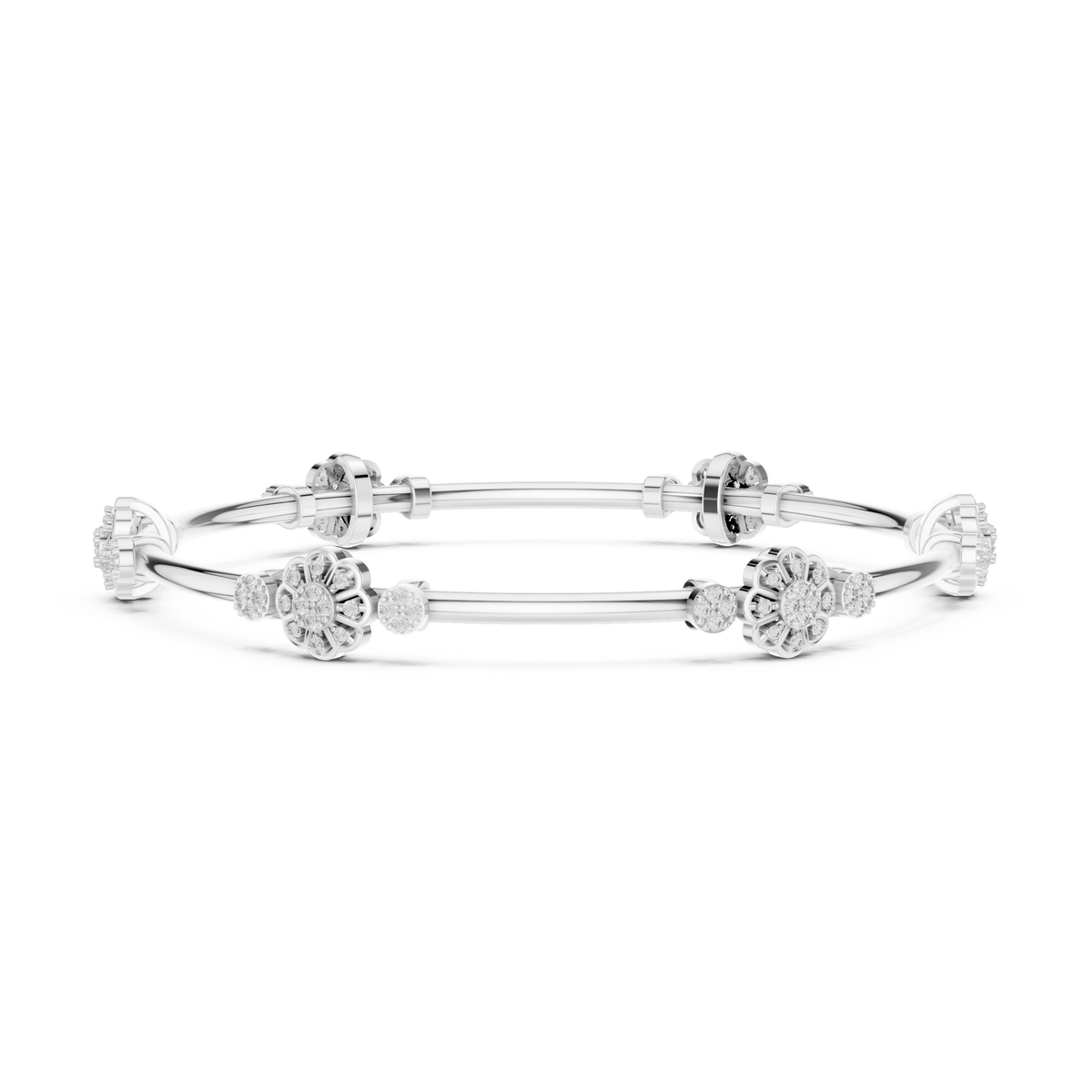Floral charm crystal bangle bracelet featuring sparkling flower charms, decorative spacer beads, and a polished silver-tone finish by Aortas Jewels.