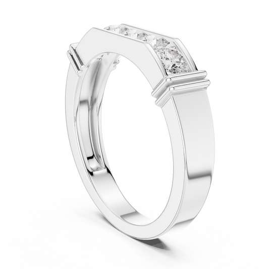 Contemporary channel-set diamond ring featuring brilliant round stones on a sleek polished band by Aortas Jewels.