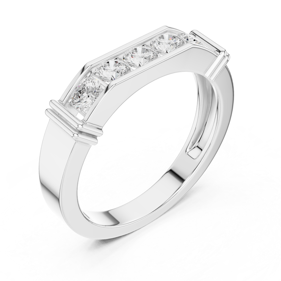 Contemporary channel-set diamond ring featuring brilliant round stones on a sleek polished band by Aortas Jewels.