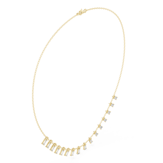 Baguette diamond fringe necklace featuring elegant geometric stone drops on a delicate chain by Aortas Jewels.