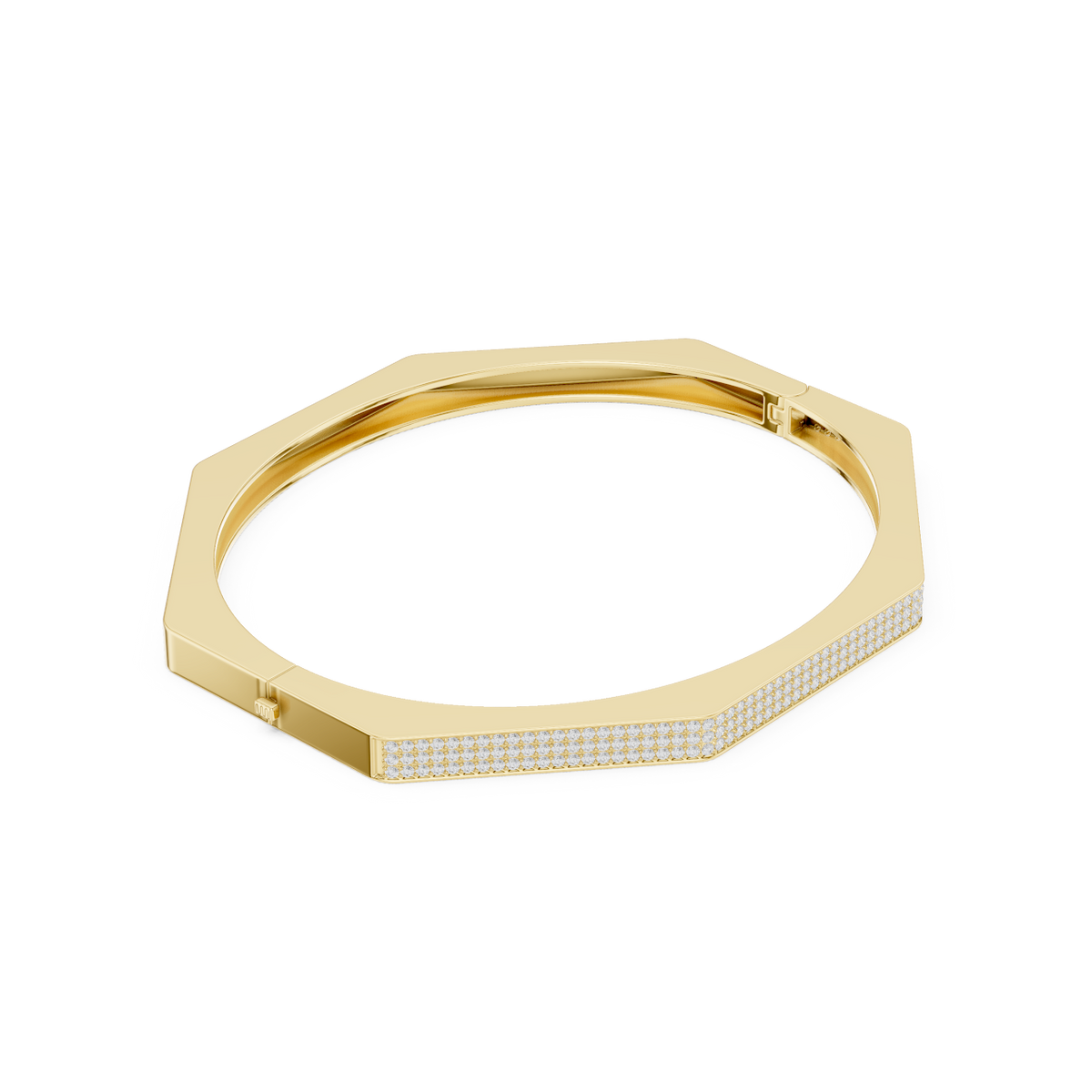 Geometric diamond bangle bracelet featuring a sleek octagonal design with a pavé-set diamond accent panel and polished finish by Aortas Jewels.
