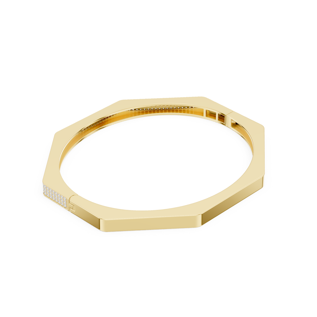 Geometric diamond bangle bracelet featuring a sleek octagonal design with a pavé-set diamond accent panel and polished finish by Aortas Jewels.