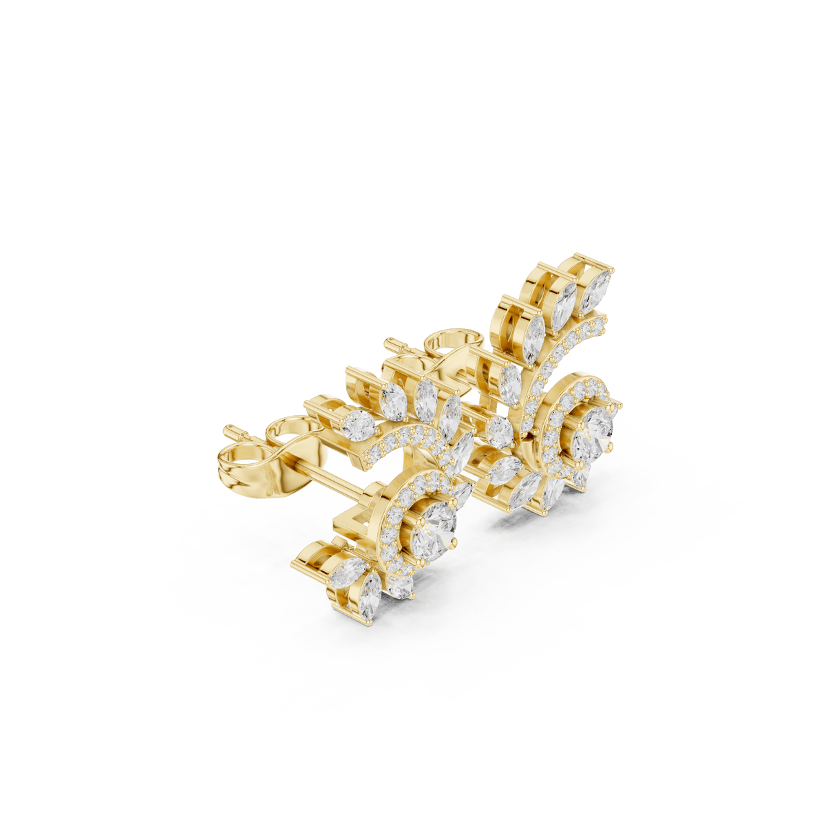 Art Deco diamond statement stud earrings featuring a geometric arrangement of round and baguette-cut stones with a sparkling halo centerpiece by Aortas Jewels.
