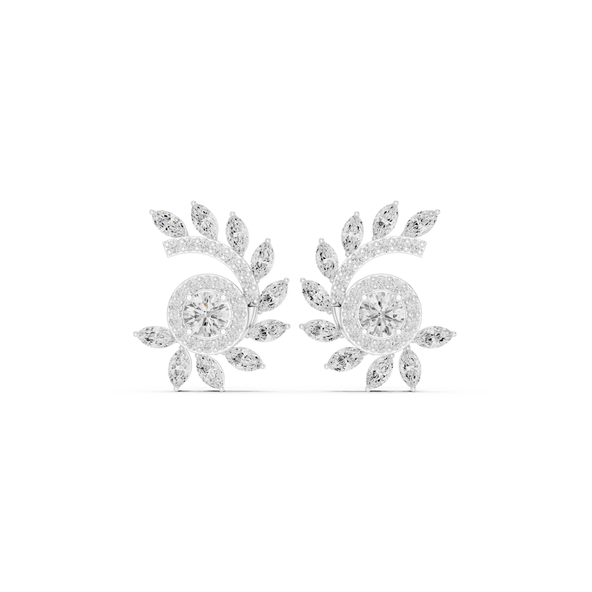 Art Deco diamond statement stud earrings featuring a geometric arrangement of round and baguette-cut stones with a sparkling halo centerpiece by Aortas Jewels.