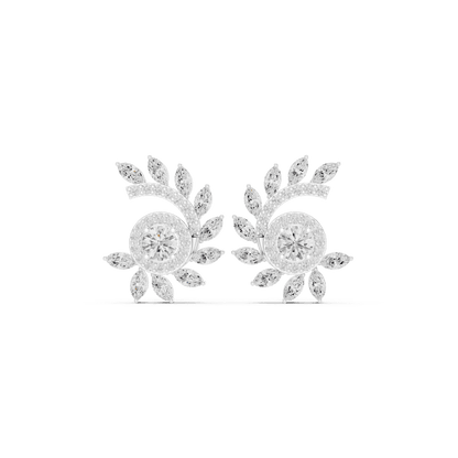 Art Deco diamond statement stud earrings featuring a geometric arrangement of round and baguette-cut stones with a sparkling halo centerpiece by Aortas Jewels.
