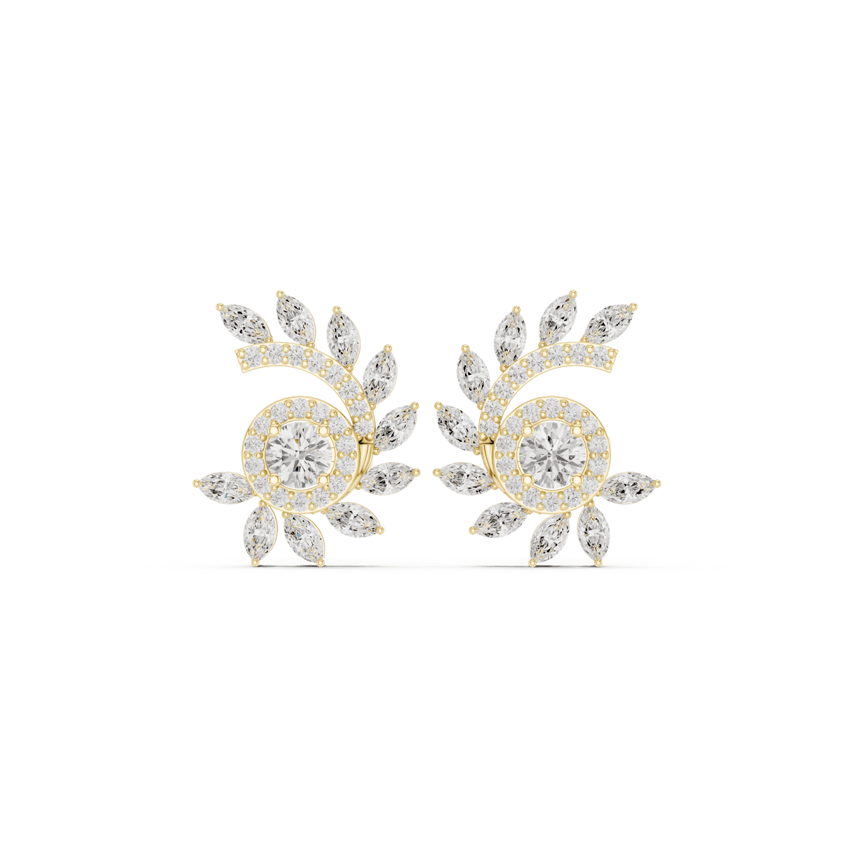 Art Deco diamond statement stud earrings featuring a geometric arrangement of round and baguette-cut stones with a sparkling halo centerpiece by Aortas Jewels.