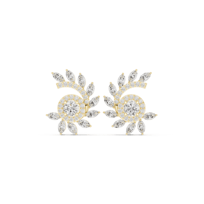 Art Deco diamond statement stud earrings featuring a geometric arrangement of round and baguette-cut stones with a sparkling halo centerpiece by Aortas Jewels.