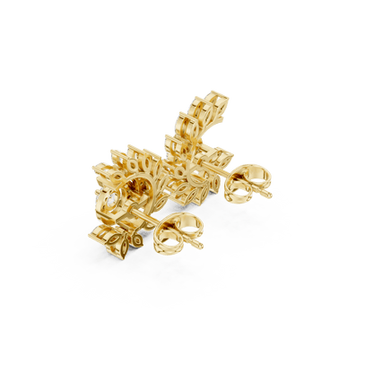 Art Deco diamond statement stud earrings featuring a geometric arrangement of round and baguette-cut stones with a sparkling halo centerpiece by Aortas Jewels.