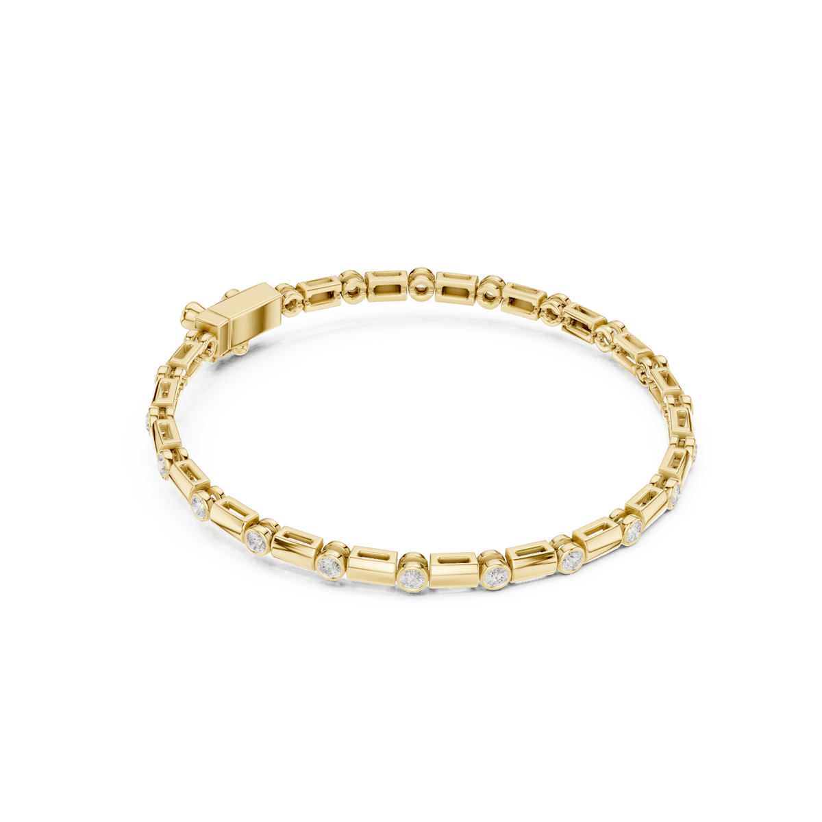 Bezel and baguette diamond tennis bracelet featuring alternating round bezel-set stones and polished baguette links by Aortas Jewels.