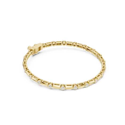 Bezel and baguette diamond tennis bracelet featuring alternating round bezel-set stones and polished baguette links by Aortas Jewels.