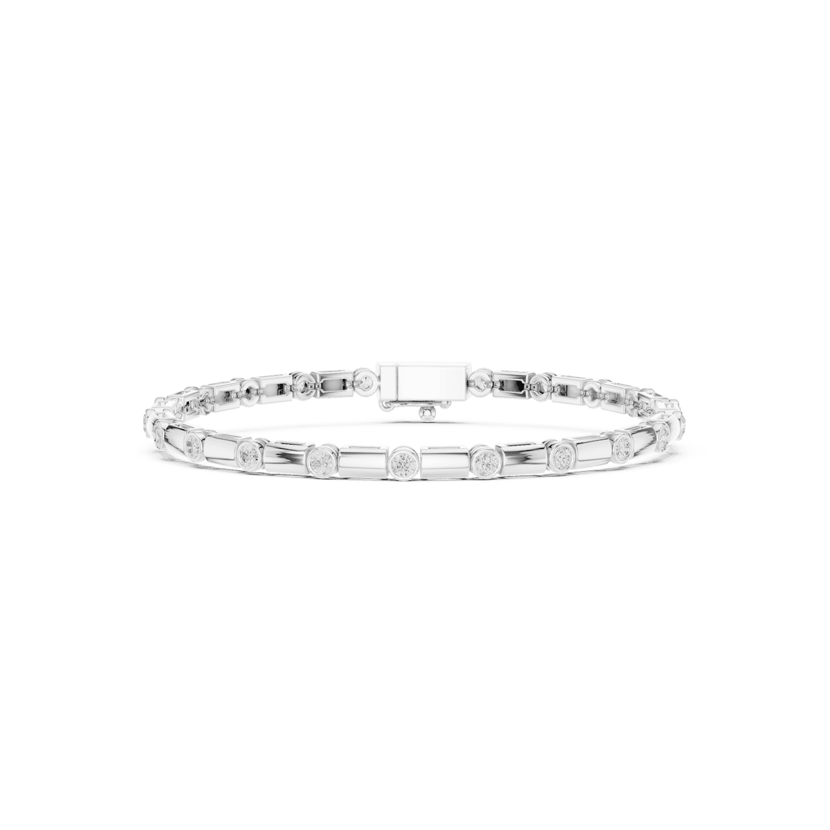 Bezel and baguette diamond tennis bracelet featuring alternating round bezel-set stones and polished baguette links by Aortas Jewels.