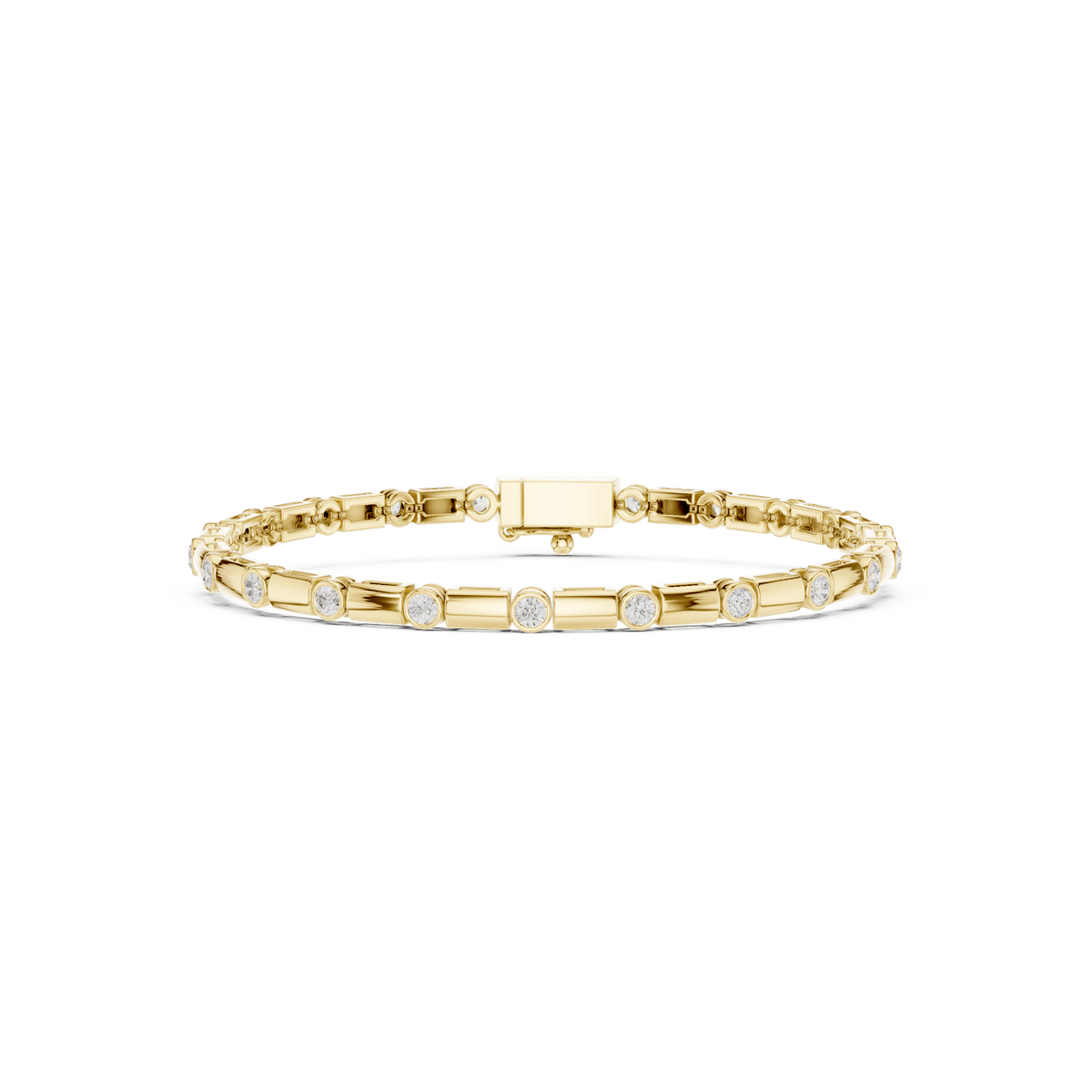 Bezel and baguette diamond tennis bracelet featuring alternating round bezel-set stones and polished baguette links by Aortas Jewels.
