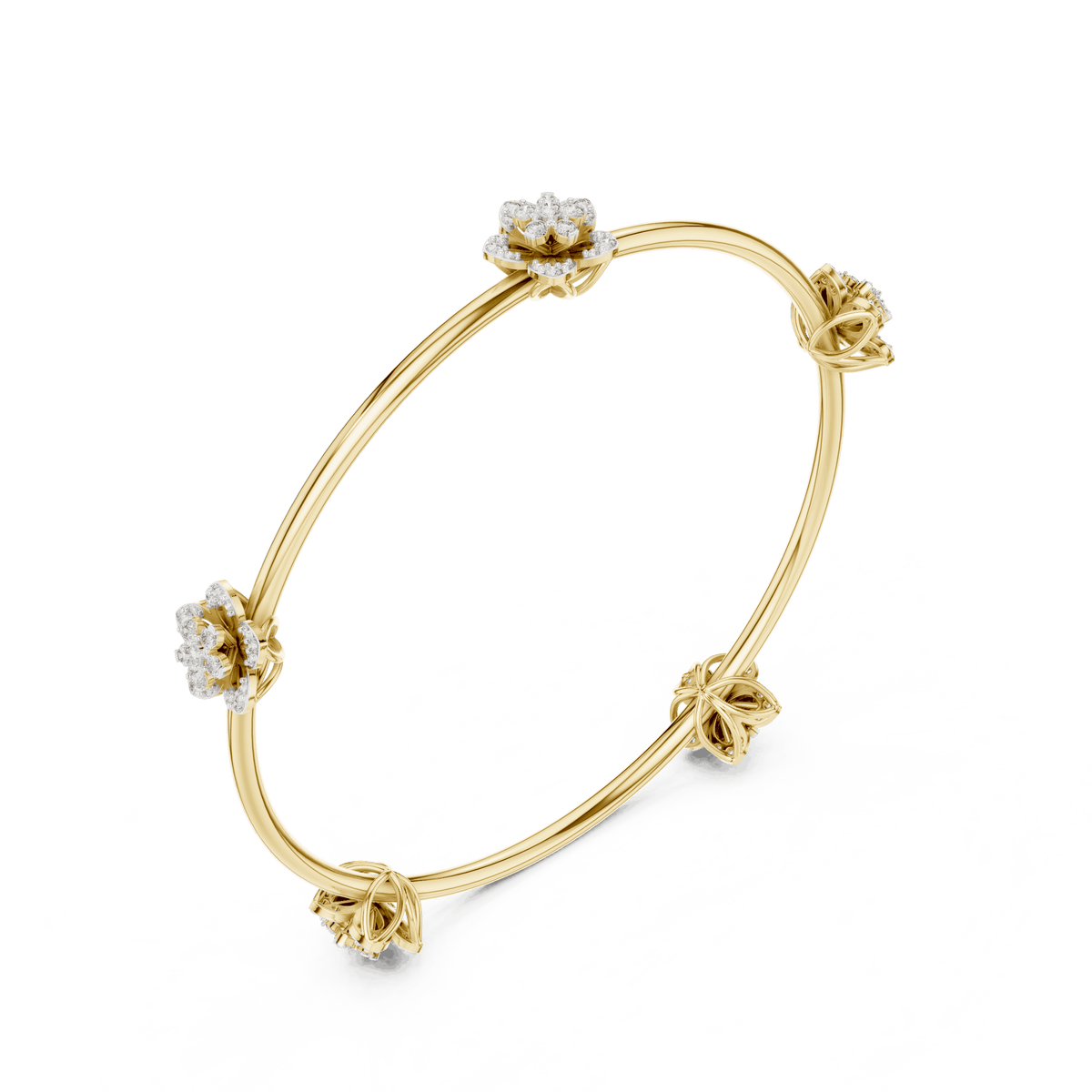 Blooming Floral & Leaf Crystal Bangle Bracelet featuring sparkling flower blossoms and leaf-inspired charms on a polished silver-tone open bangle by Aortas Jewels.