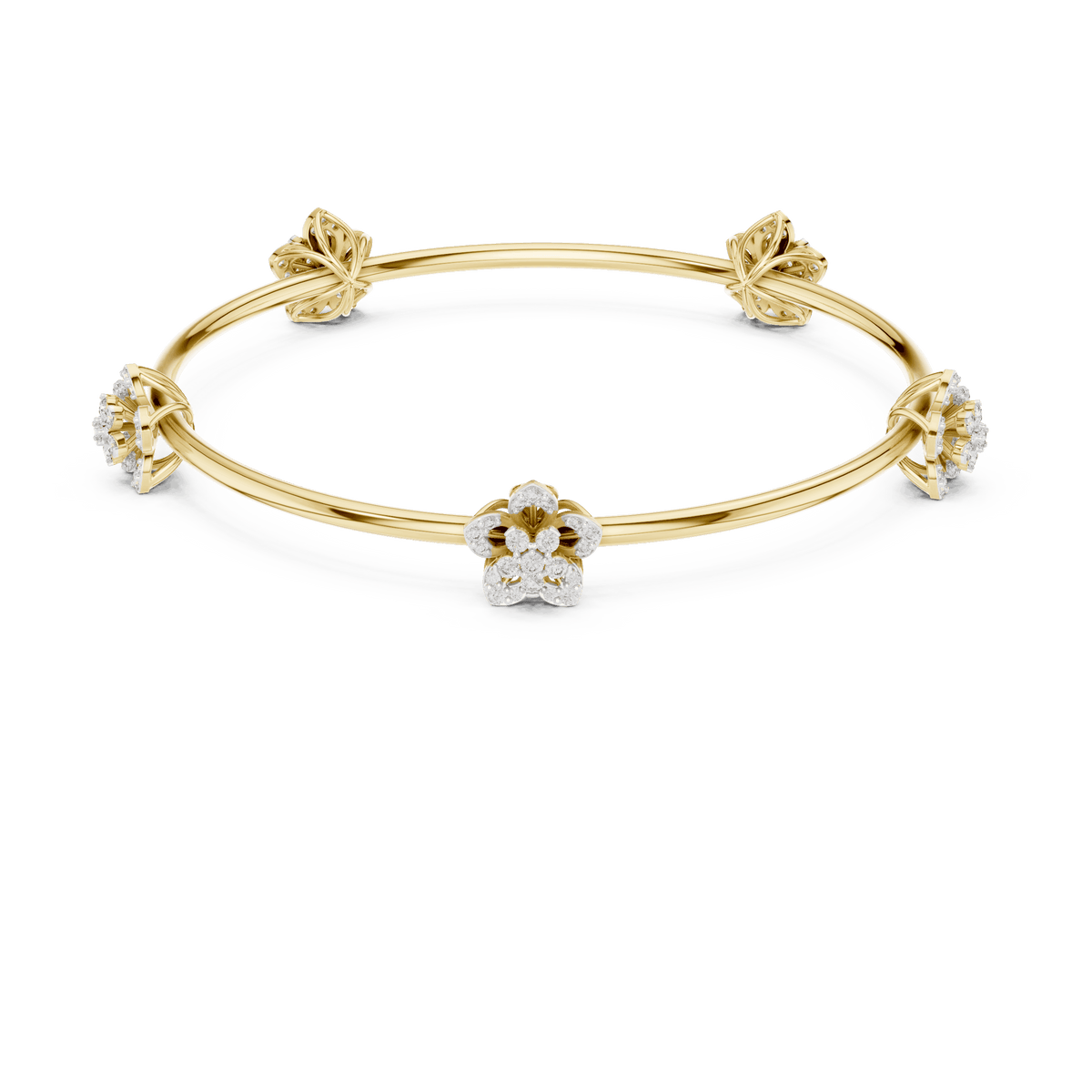 Blooming Floral & Leaf Crystal Bangle Bracelet featuring sparkling flower blossoms and leaf-inspired charms on a polished silver-tone open bangle by Aortas Jewels.