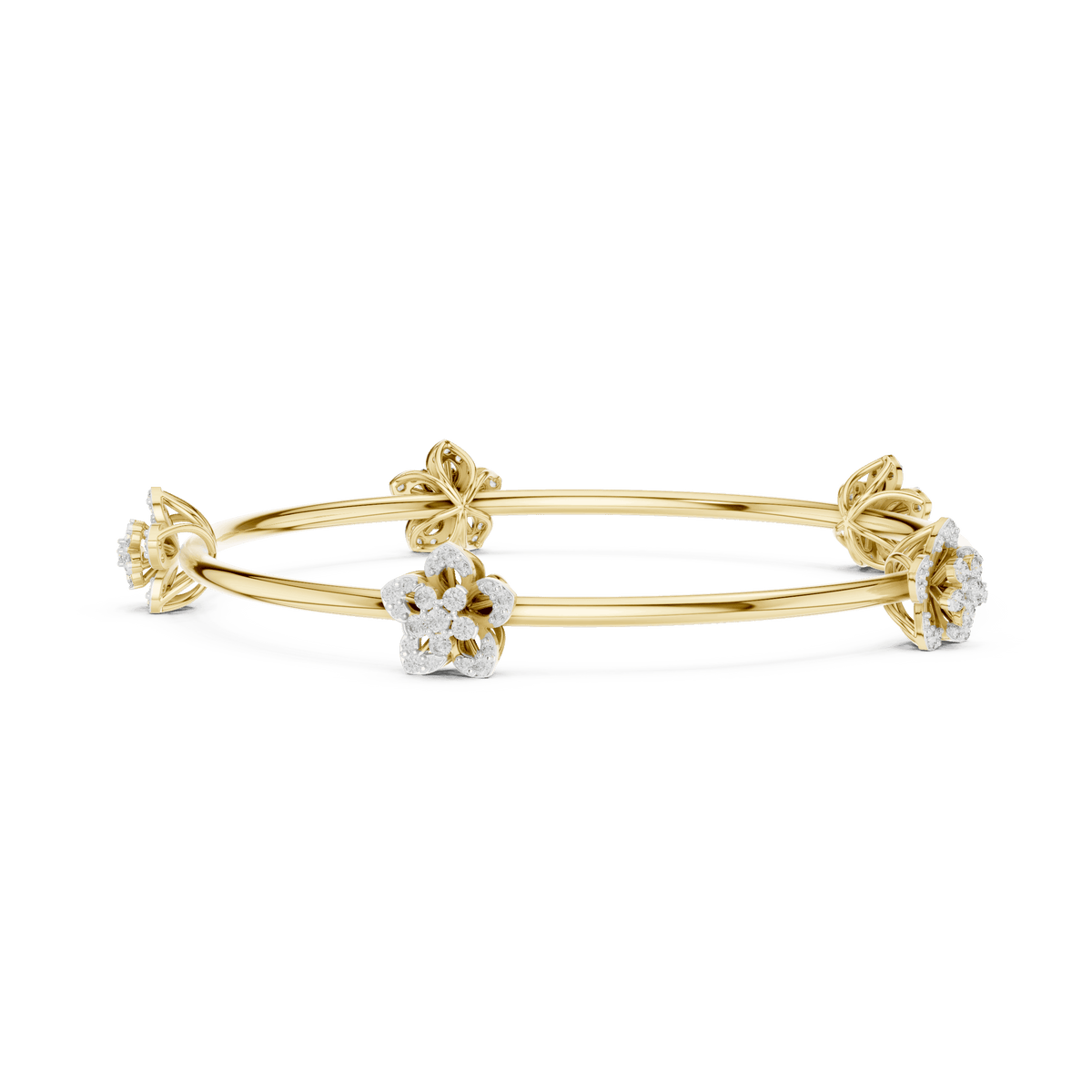 Blooming Floral & Leaf Crystal Bangle Bracelet featuring sparkling flower blossoms and leaf-inspired charms on a polished silver-tone open bangle by Aortas Jewels.