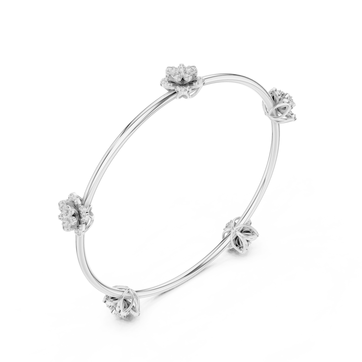 Blooming Floral & Leaf Crystal Bangle Bracelet featuring sparkling flower blossoms and leaf-inspired charms on a polished silver-tone open bangle by Aortas Jewels.