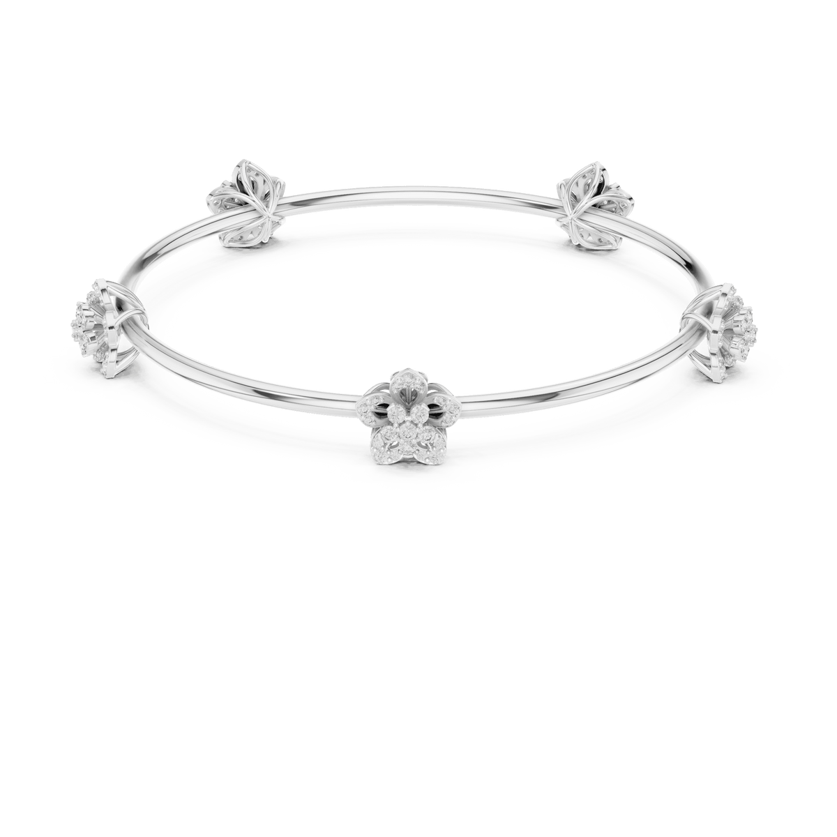 Blooming Floral & Leaf Crystal Bangle Bracelet featuring sparkling flower blossoms and leaf-inspired charms on a polished silver-tone open bangle by Aortas Jewels.