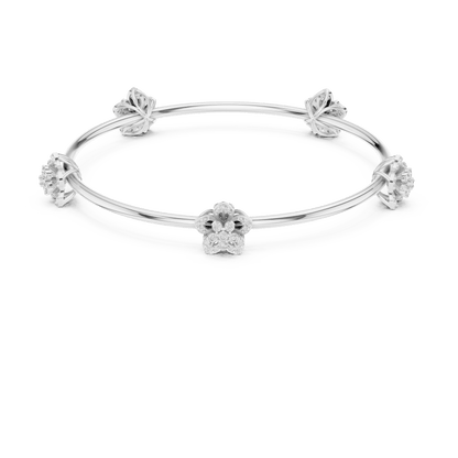 Blooming Floral & Leaf Crystal Bangle Bracelet featuring sparkling flower blossoms and leaf-inspired charms on a polished silver-tone open bangle by Aortas Jewels.
