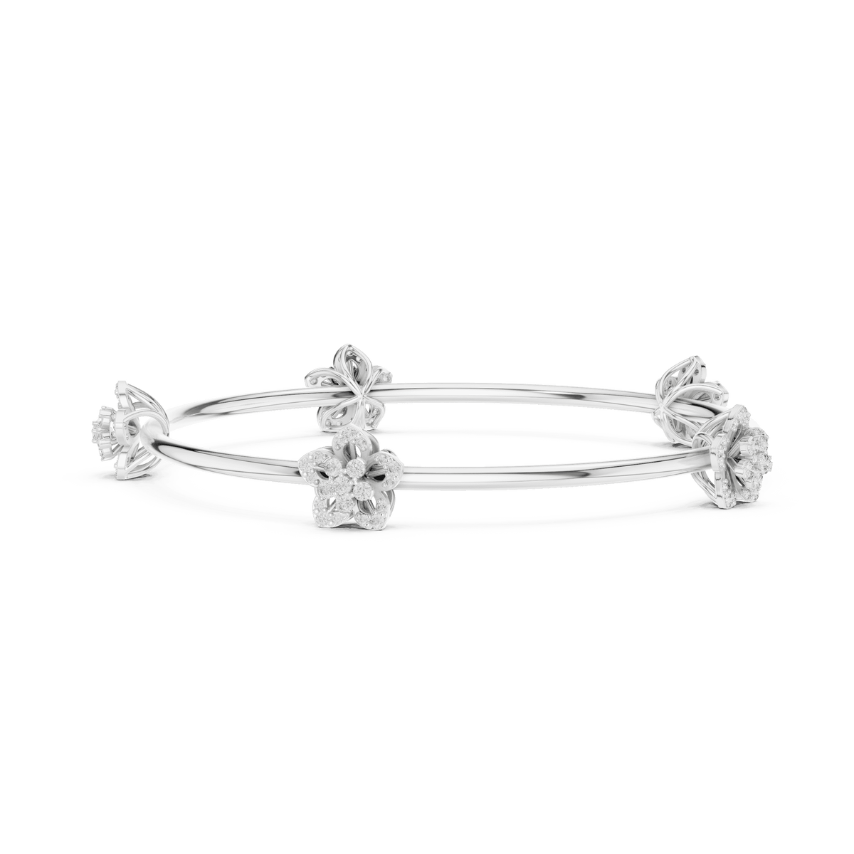 Blooming Floral & Leaf Crystal Bangle Bracelet featuring sparkling flower blossoms and leaf-inspired charms on a polished silver-tone open bangle by Aortas Jewels.