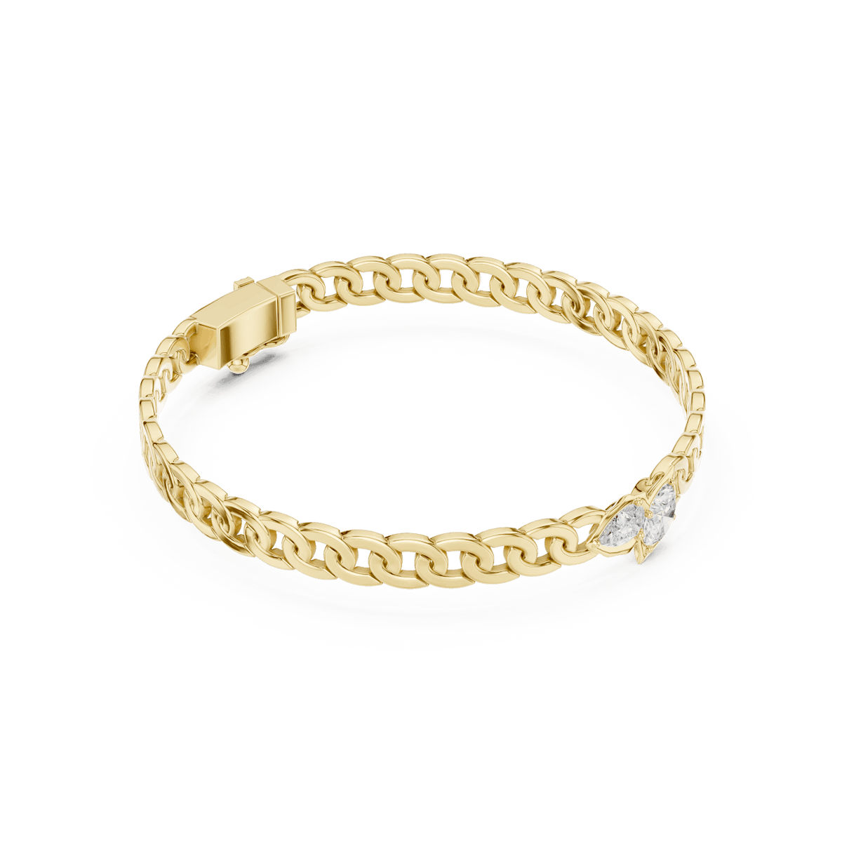 Butterfly diamond chain bracelet featuring polished interlocking links and a sparkling butterfly centerpiece by Aortas Jewels.