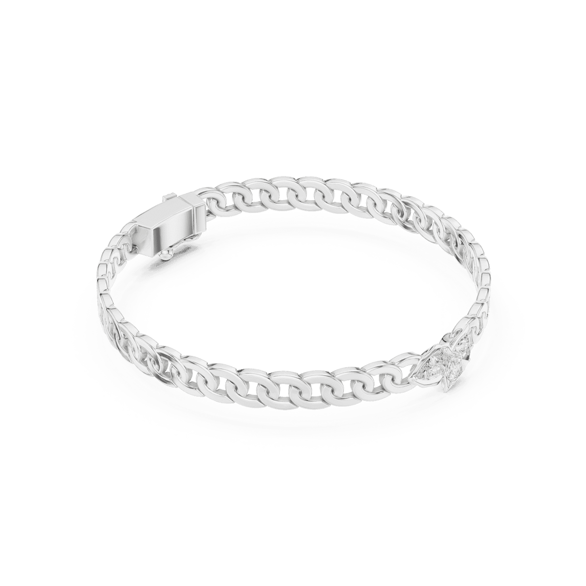 Butterfly diamond chain bracelet featuring polished interlocking links and a sparkling butterfly centerpiece by Aortas Jewels.