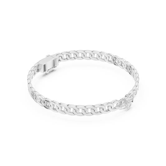 Butterfly diamond chain bracelet featuring polished interlocking links and a sparkling butterfly centerpiece by Aortas Jewels.