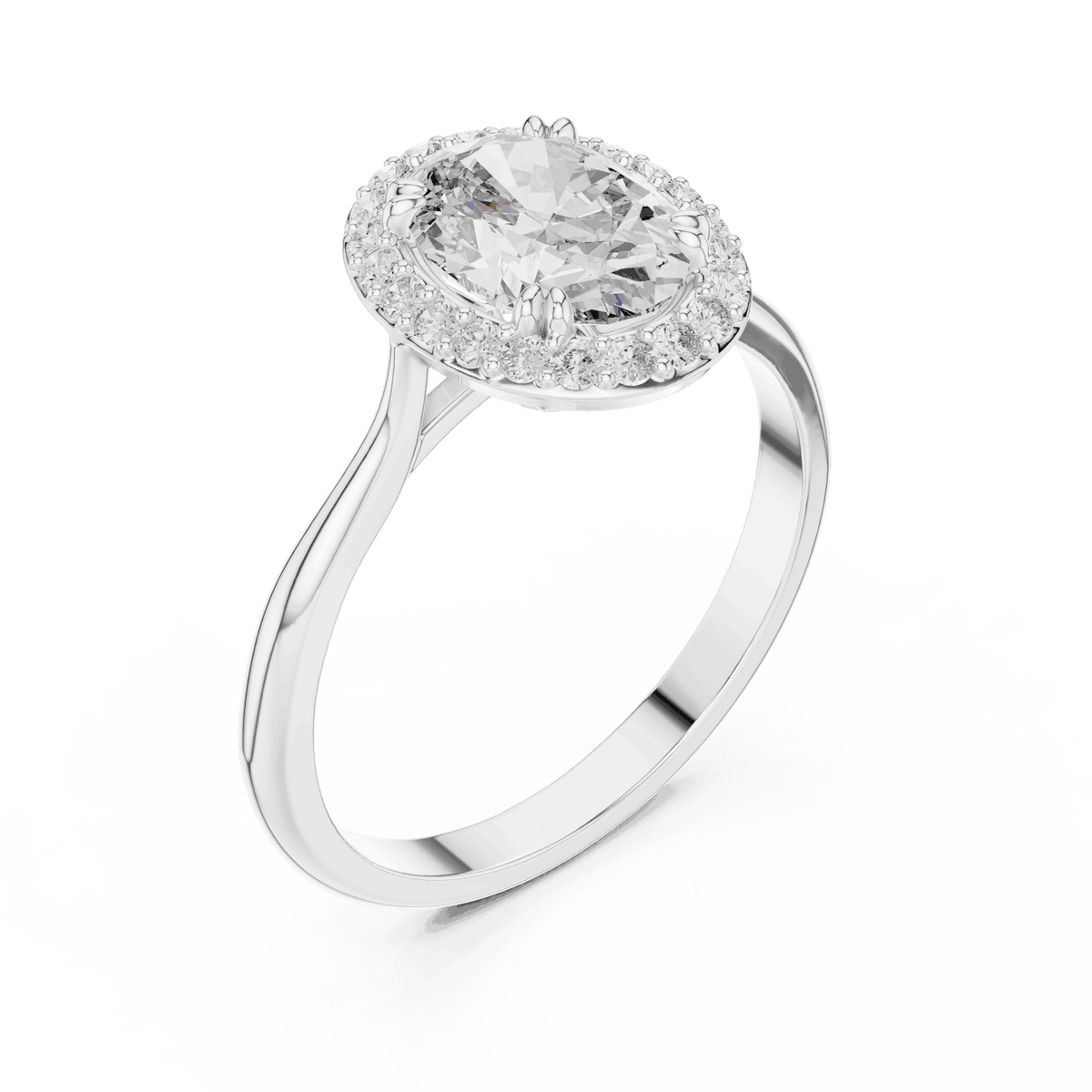 Classic halo diamond engagement ring featuring a brilliant round-cut center stone surrounded by a sparkling halo in a sleek cathedral-style setting by Aortas Jewels.