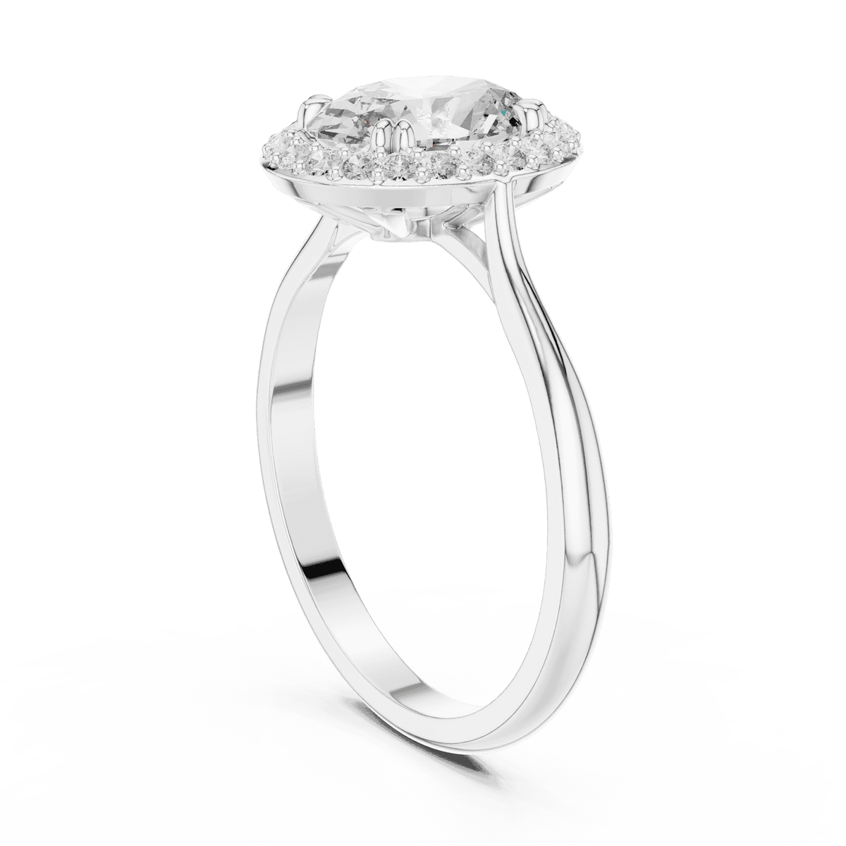 Classic halo diamond engagement ring featuring a brilliant round-cut center stone surrounded by a sparkling halo in a sleek cathedral-style setting by Aortas Jewels.