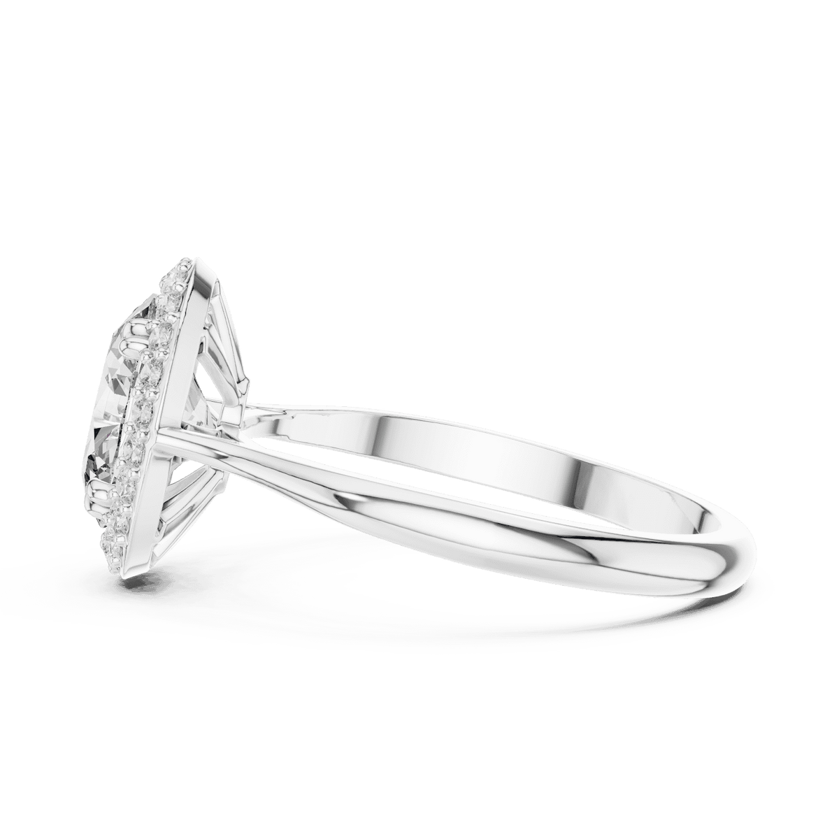 Classic halo diamond engagement ring featuring a brilliant round-cut center stone surrounded by a sparkling halo in a sleek cathedral-style setting by Aortas Jewels.