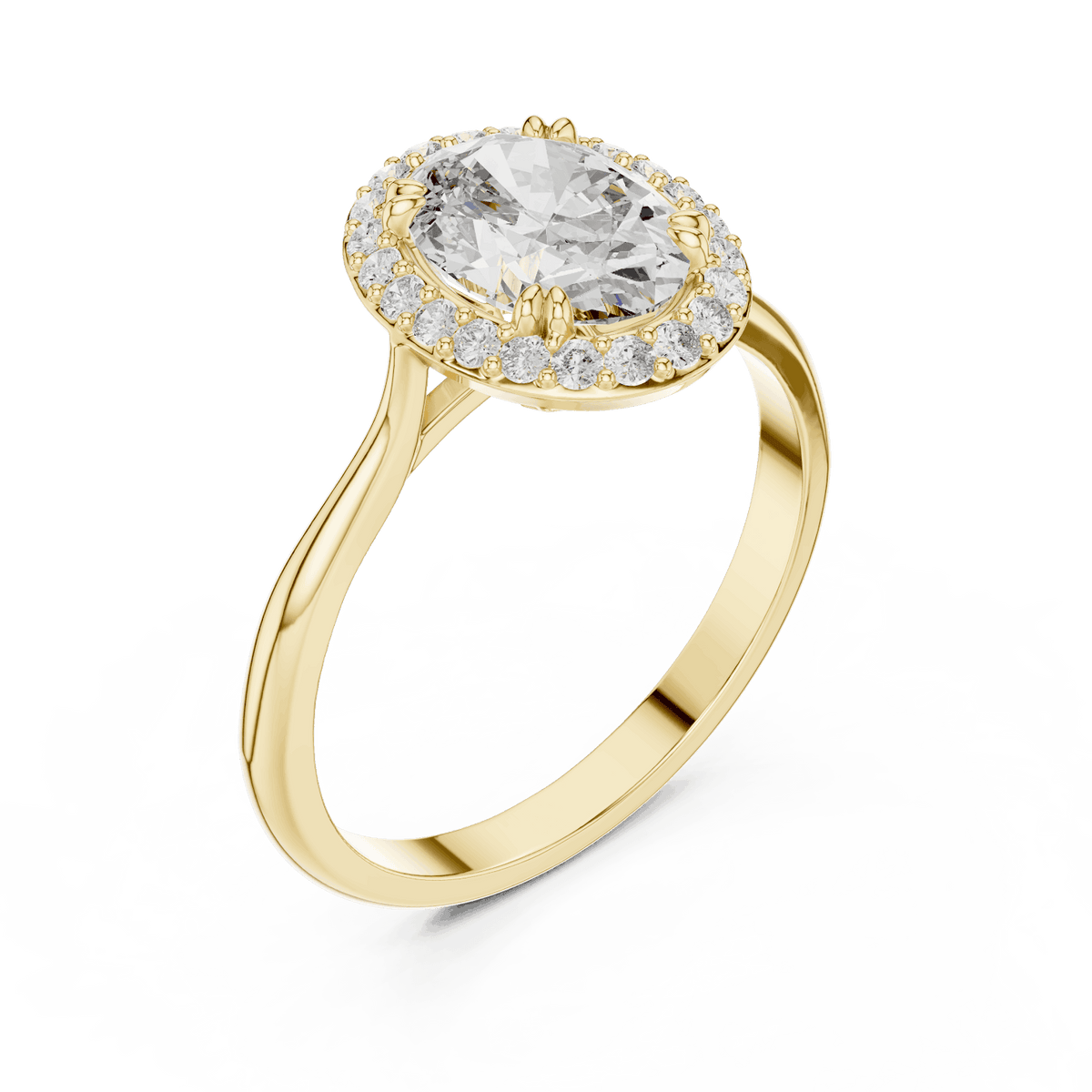Classic halo diamond engagement ring featuring a brilliant round-cut center stone surrounded by a sparkling halo in a sleek cathedral-style setting by Aortas Jewels.