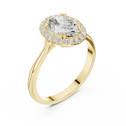 Classic halo diamond engagement ring featuring a brilliant round-cut center stone surrounded by a sparkling halo in a sleek cathedral-style setting by Aortas Jewels.