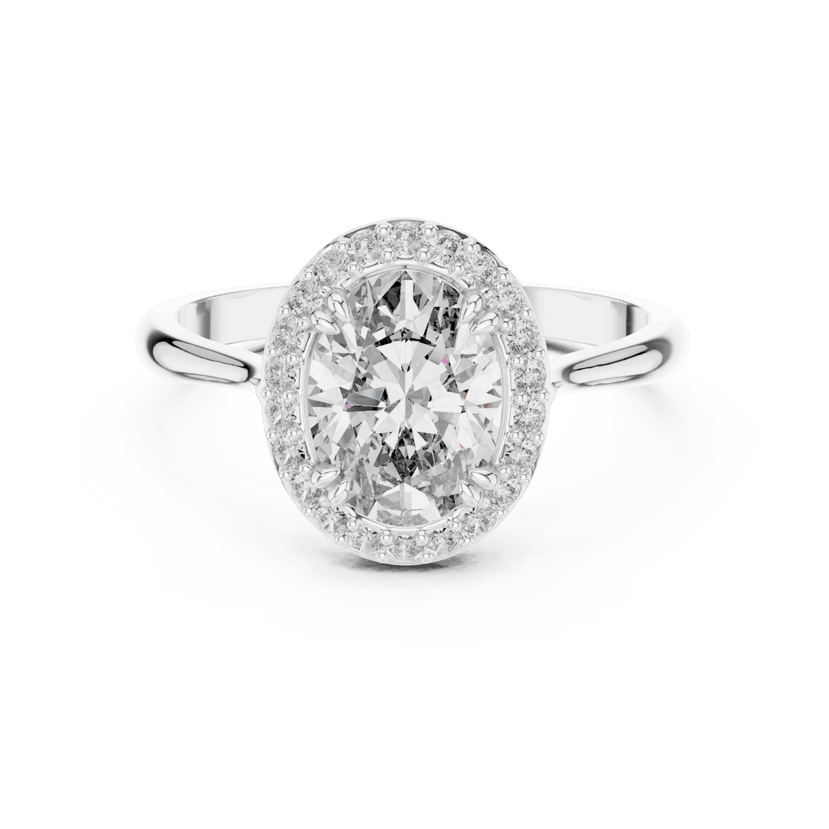 Classic halo diamond engagement ring featuring a brilliant round-cut center stone surrounded by a sparkling halo in a sleek cathedral-style setting by Aortas Jewels.