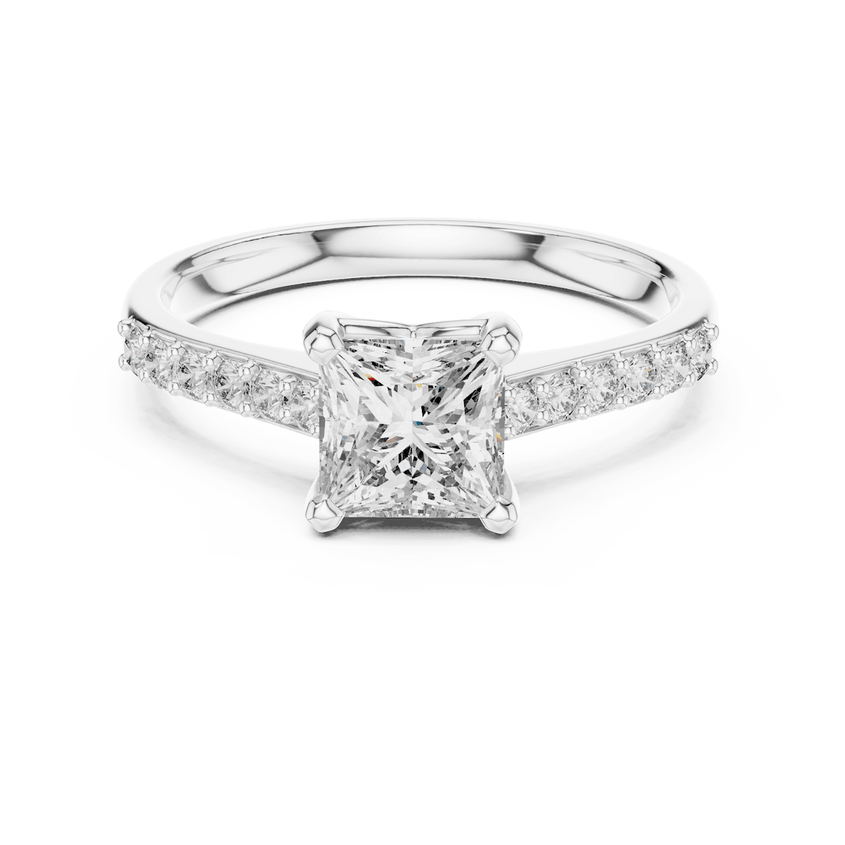 Classic pavé solitaire diamond engagement ring featuring a round-cut center stone in a four-prong setting with a sparkling pavé diamond band by Aortas Jewels.