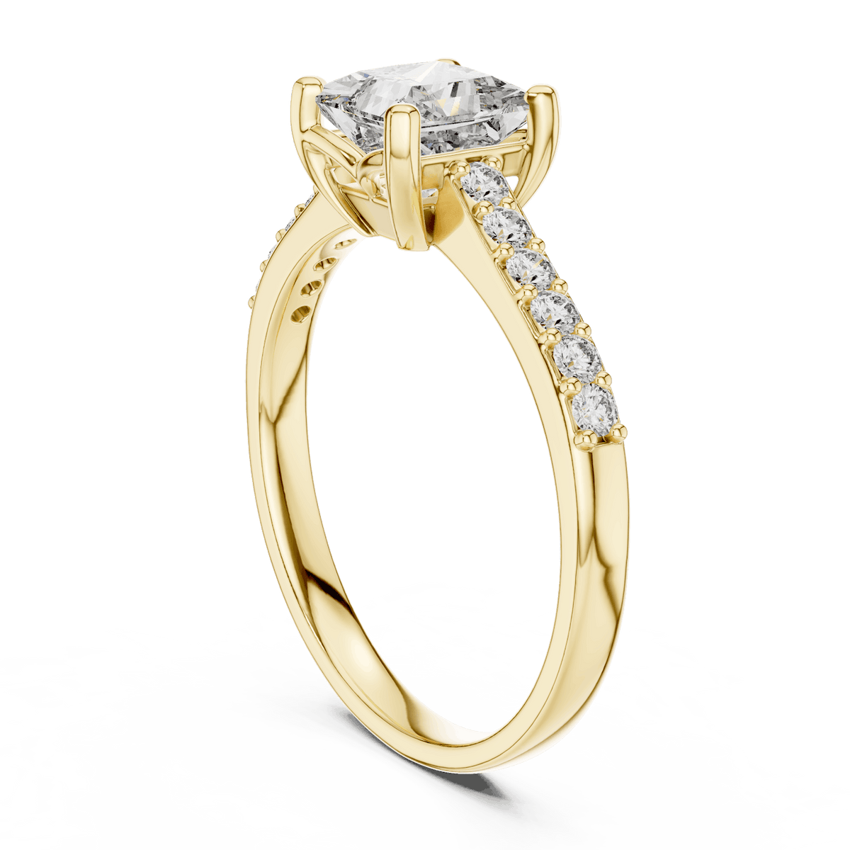 Classic pavé solitaire diamond engagement ring featuring a round-cut center stone in a four-prong setting with a sparkling pavé diamond band by Aortas Jewels.