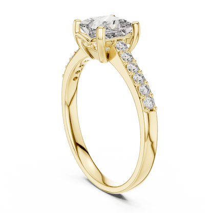 Classic pavé solitaire diamond engagement ring featuring a round-cut center stone in a four-prong setting with a sparkling pavé diamond band by Aortas Jewels.