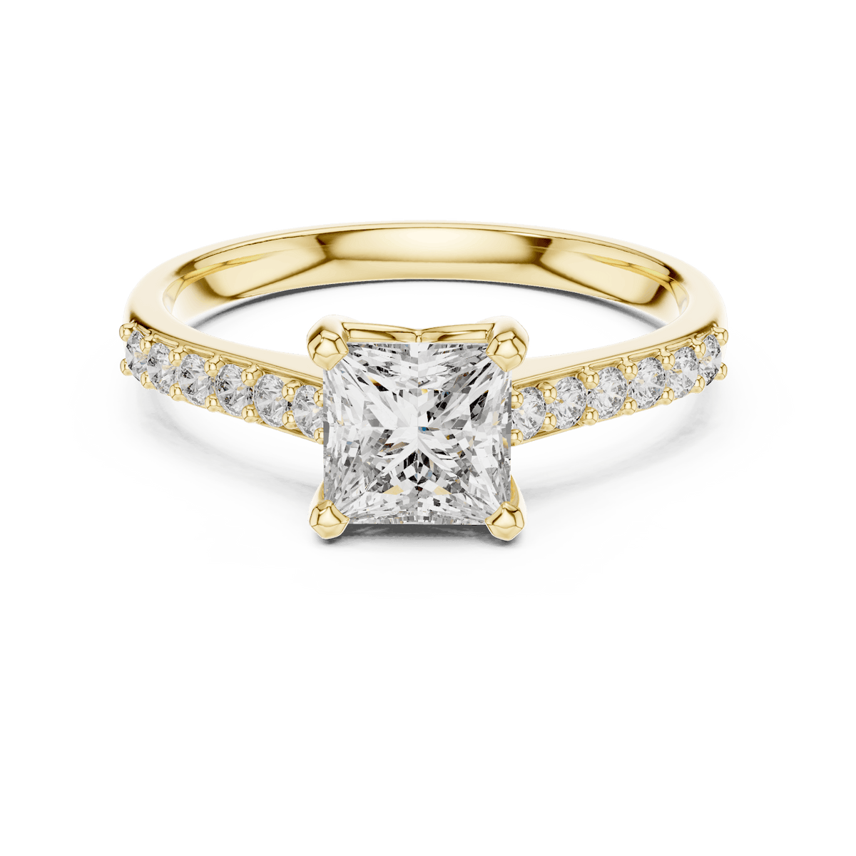 Classic pavé solitaire diamond engagement ring featuring a round-cut center stone in a four-prong setting with a sparkling pavé diamond band by Aortas Jewels.